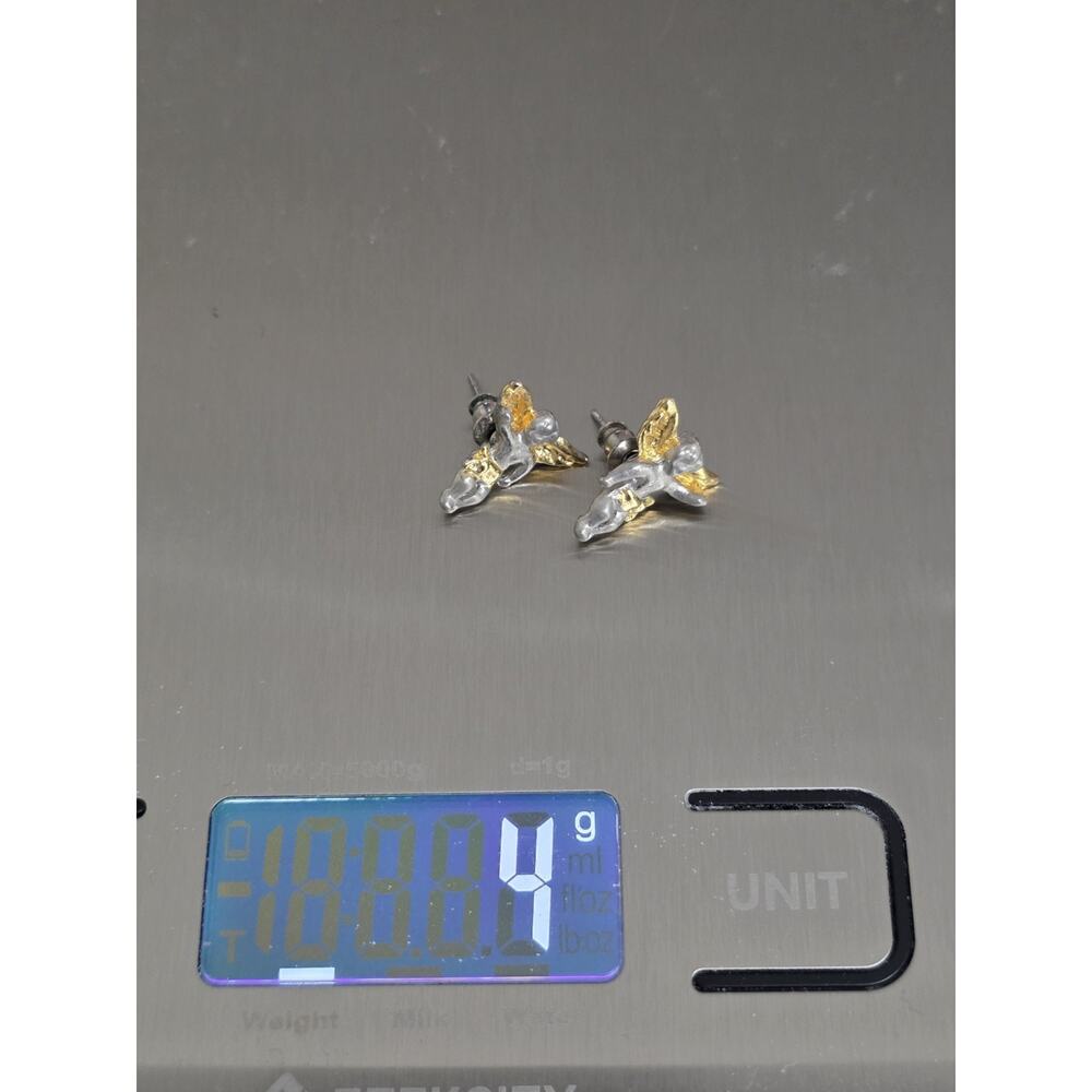 Vtg Cherub Angel Earrings Silver Gold Tone Studs Guardians - Picture 6 of 6